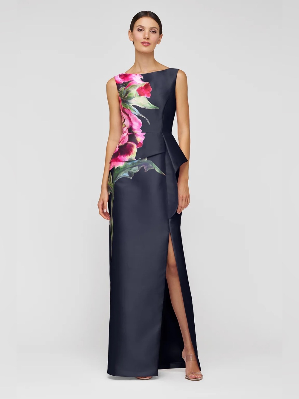 new Kay Unger Luciana column mikado gown in Midnight Navy blue floral print